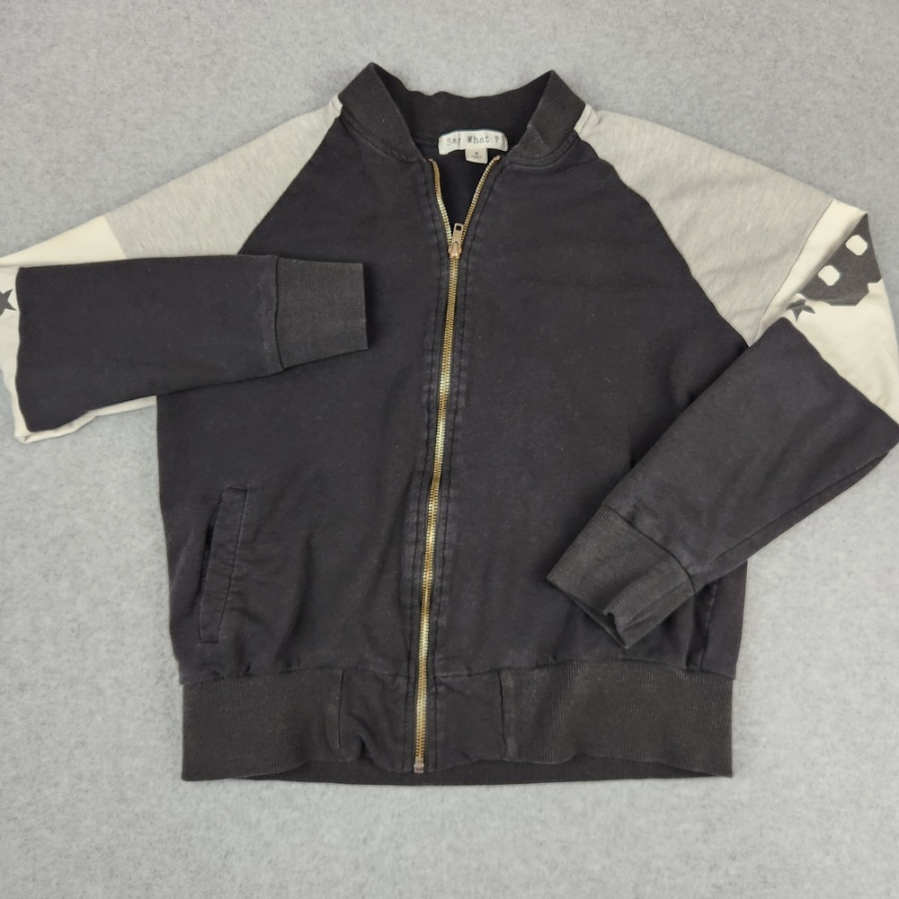 Say What? Womens Varsity Bomber‎ Jacket Black Gray Graphic Sleeve Size M